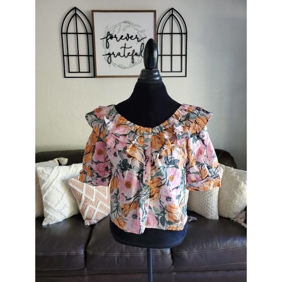 Anthropologie Ruffled Off-The-Shoulder Floral Boho Chic Blouse Women's Size S - Picture 12 of 12